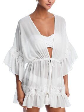 295$ Ramy Brook Amalia Grommet-Trim Sun Swim Cover-Up Dress Size L White Lace
